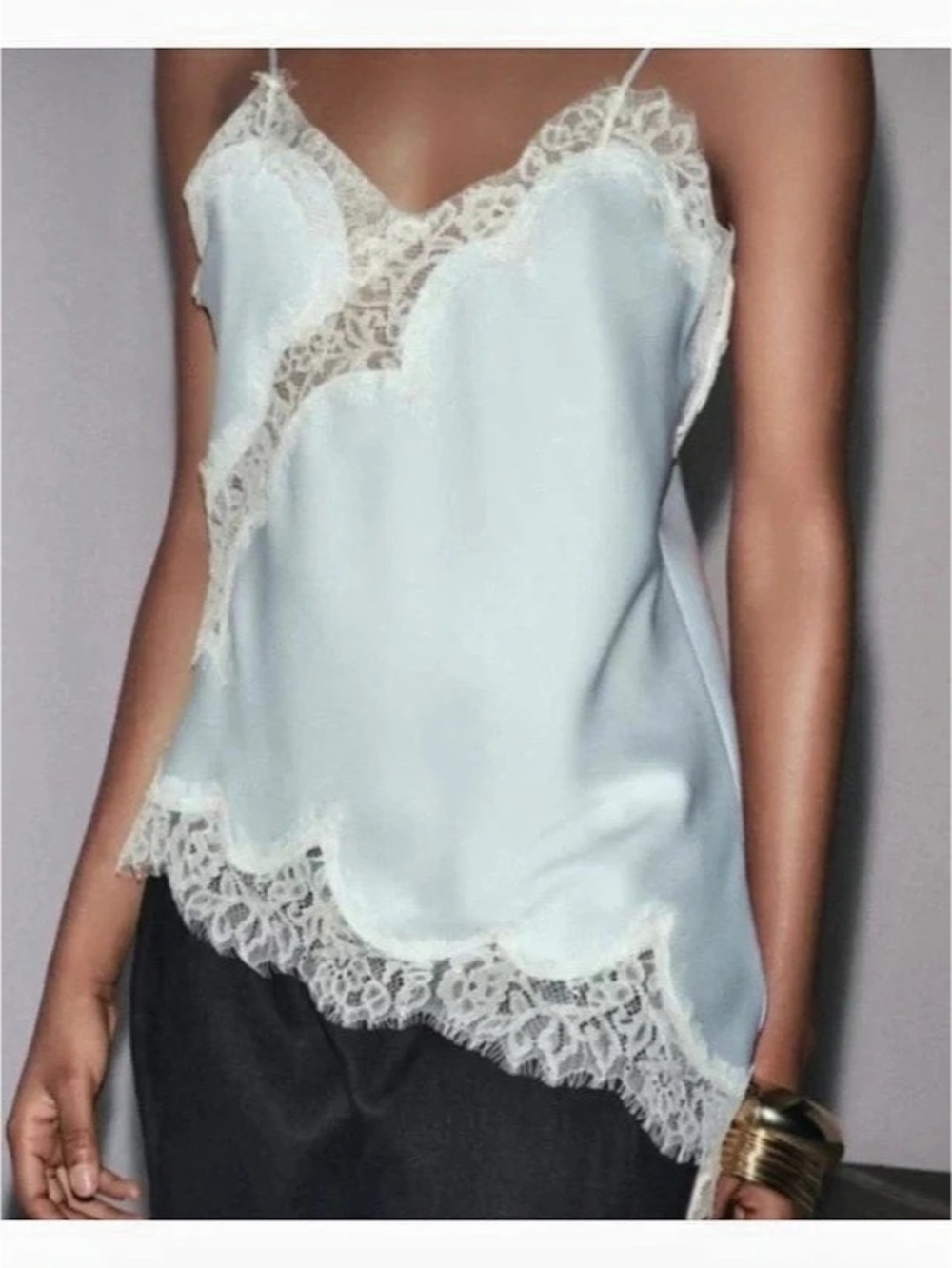 Zara ZW Collection Lace Satin Asymmetrical Cami Top V-Neck Blue Small NWT
